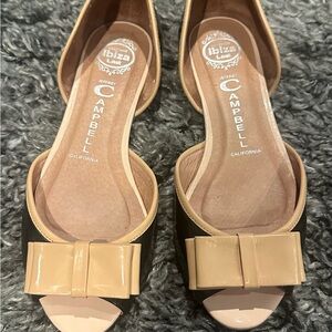 Jeffrey Campbell Two-Tone Patent Bow Peep-Toe Flats in Beige and Black